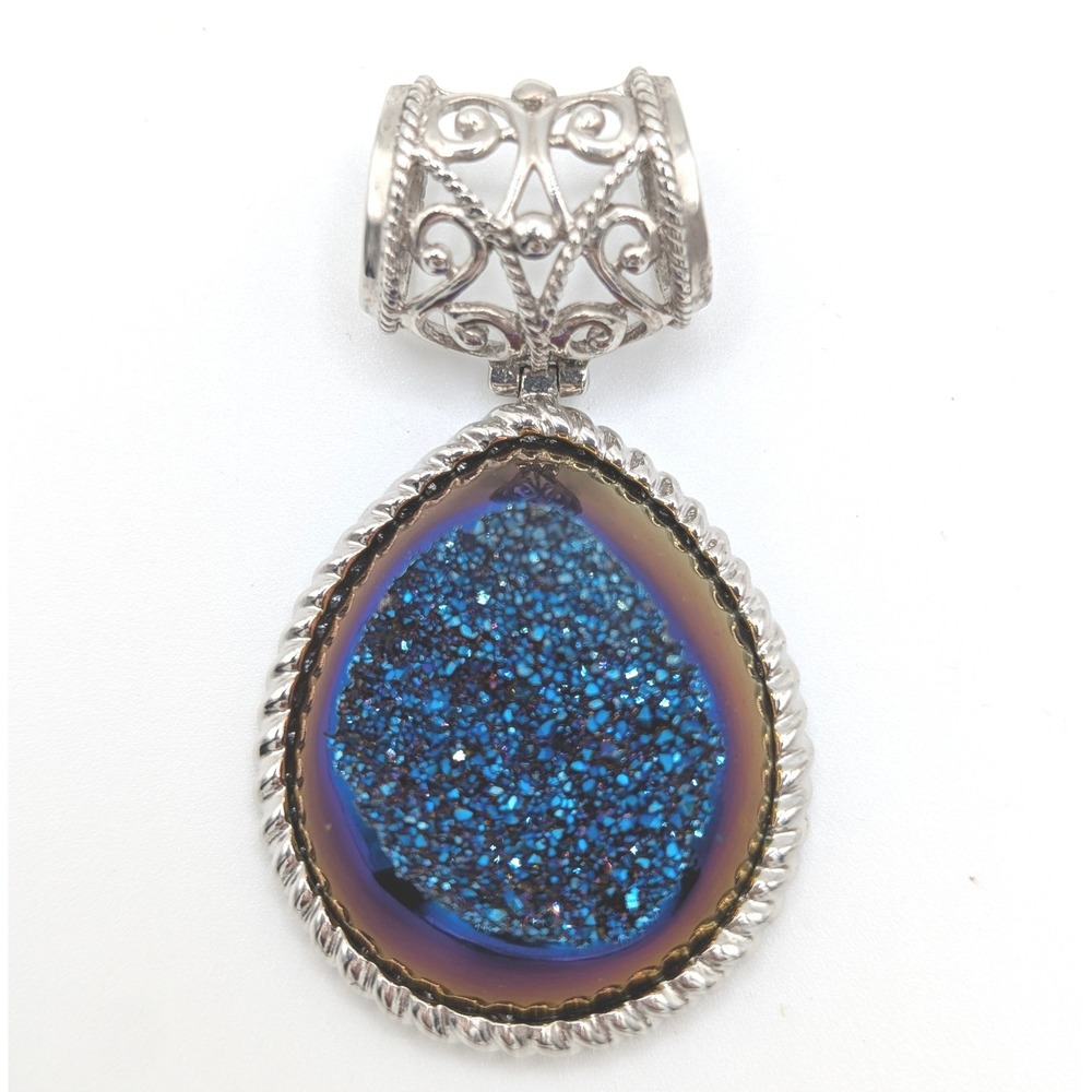 925 Sterling Silver Blue Druzy Quartz Teardrop Filigree Pendant Witchy Royal